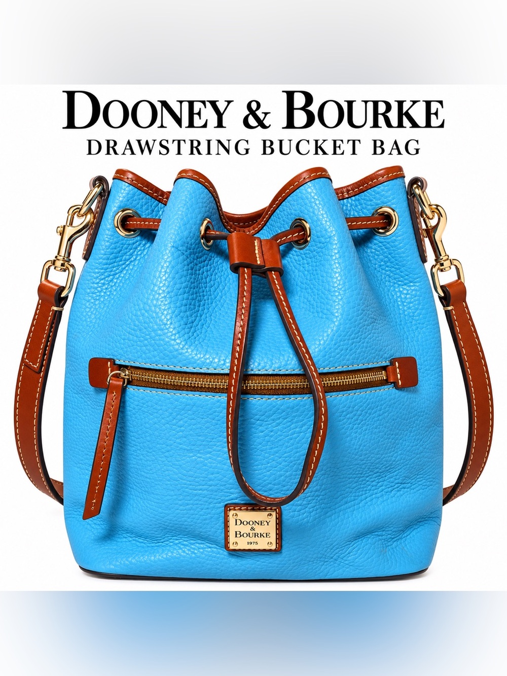 Dooney & Bourke Pebble Grain Drawstring Bucket Bag Caribbean Blue Leather Tan